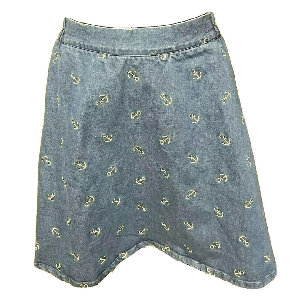 Small Miss Patina London Back Zip Elastic Side Anchor Pattern Denim Skirt